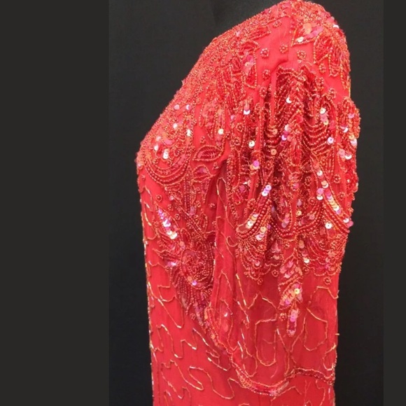 Beaded Sequined Vtg Red Silk Cocktail Dress Sz Sm - Picture 11 of 11